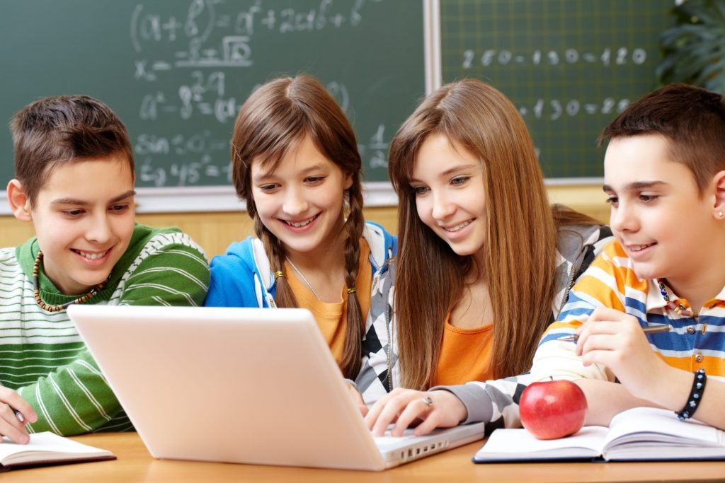 Portrait of clever students sitting at lesson and looking at laptop monitor